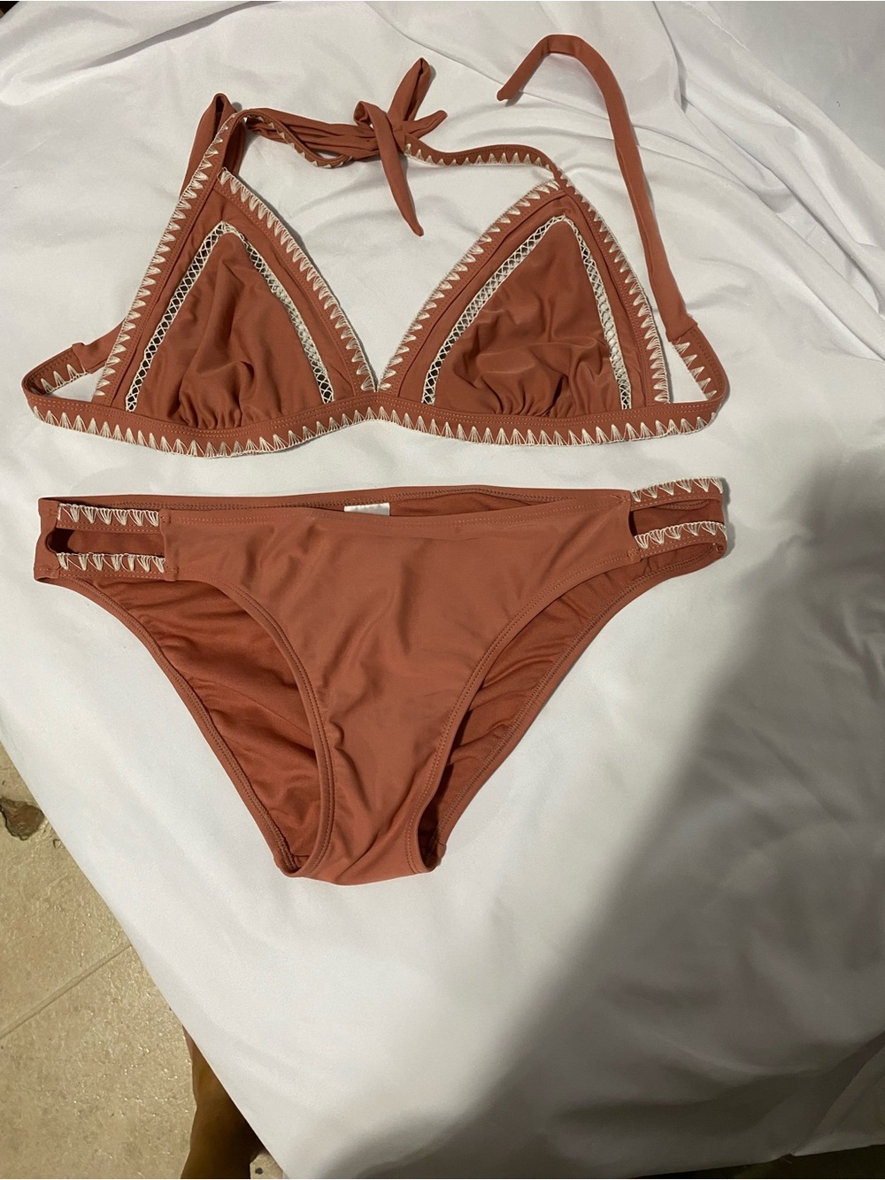 Xhilaration Rust Triangle Bikini with White Stitch Trim